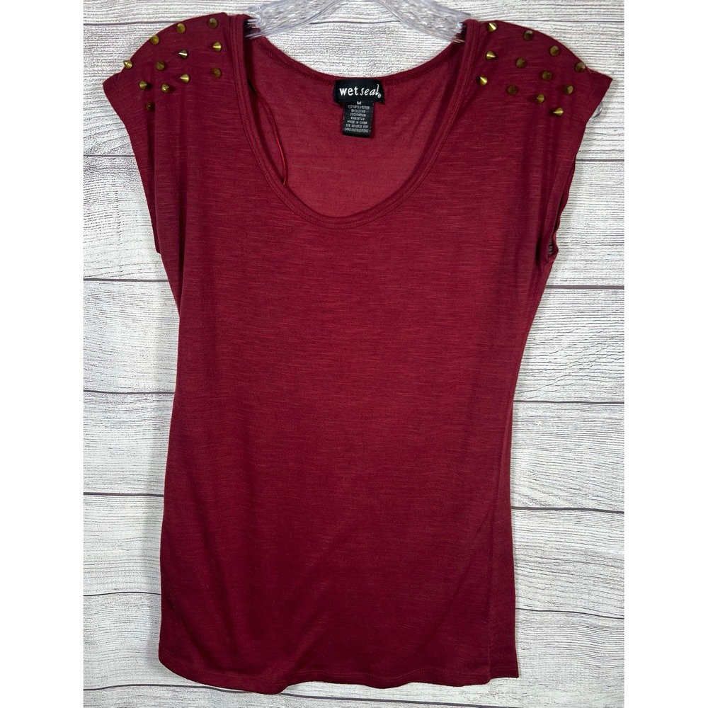 Wet Seal Burgundy Studded Shoulder Scoop Neck Cap Sleeve T-Shirt Polyester M